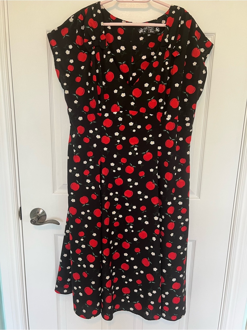 Hell Bunny Black Dress with Red Apple & White Daisy Print